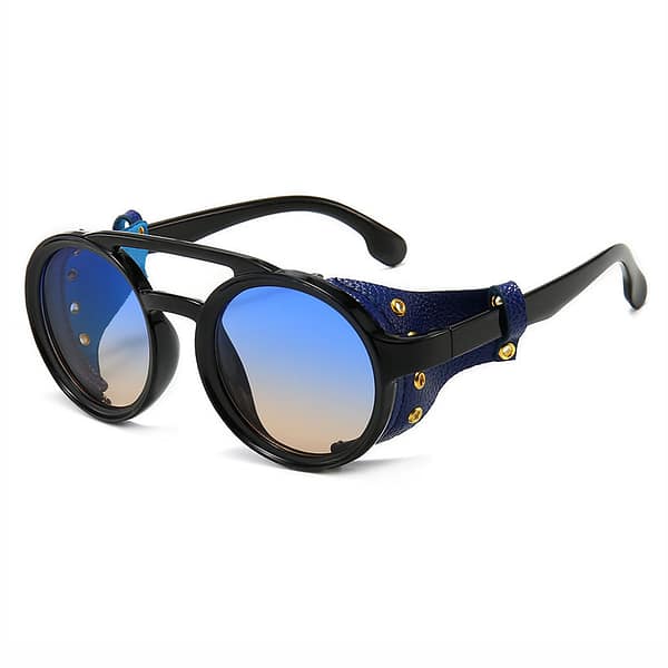 Vintage Steampunk Round Sunglasses with Leather Side Shields